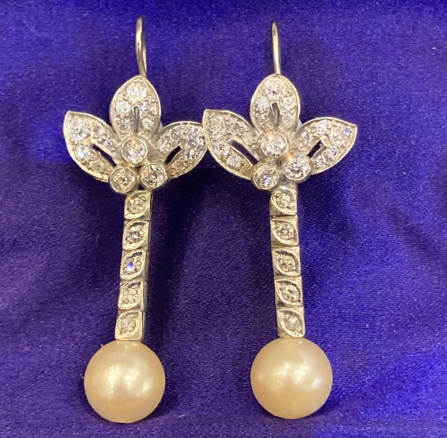 Art Deco diamond and pearl pendant earrings in platinum