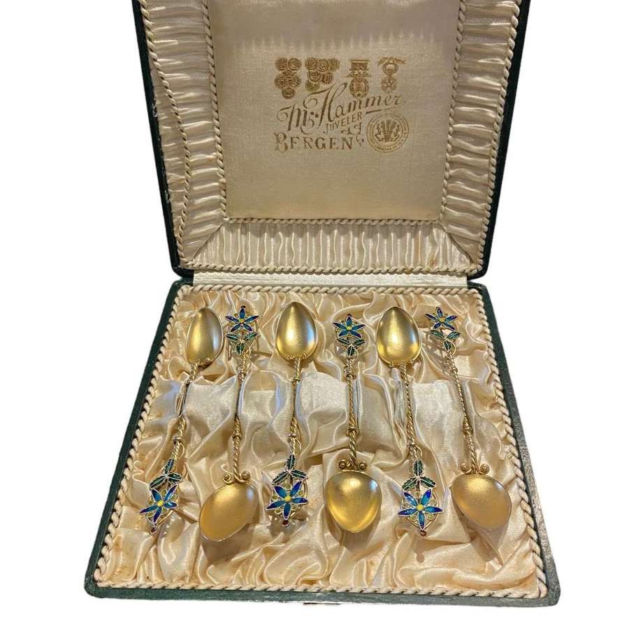 19th Century silver-gilt and plaque-a-jour enamel spoons Marius Hammer
